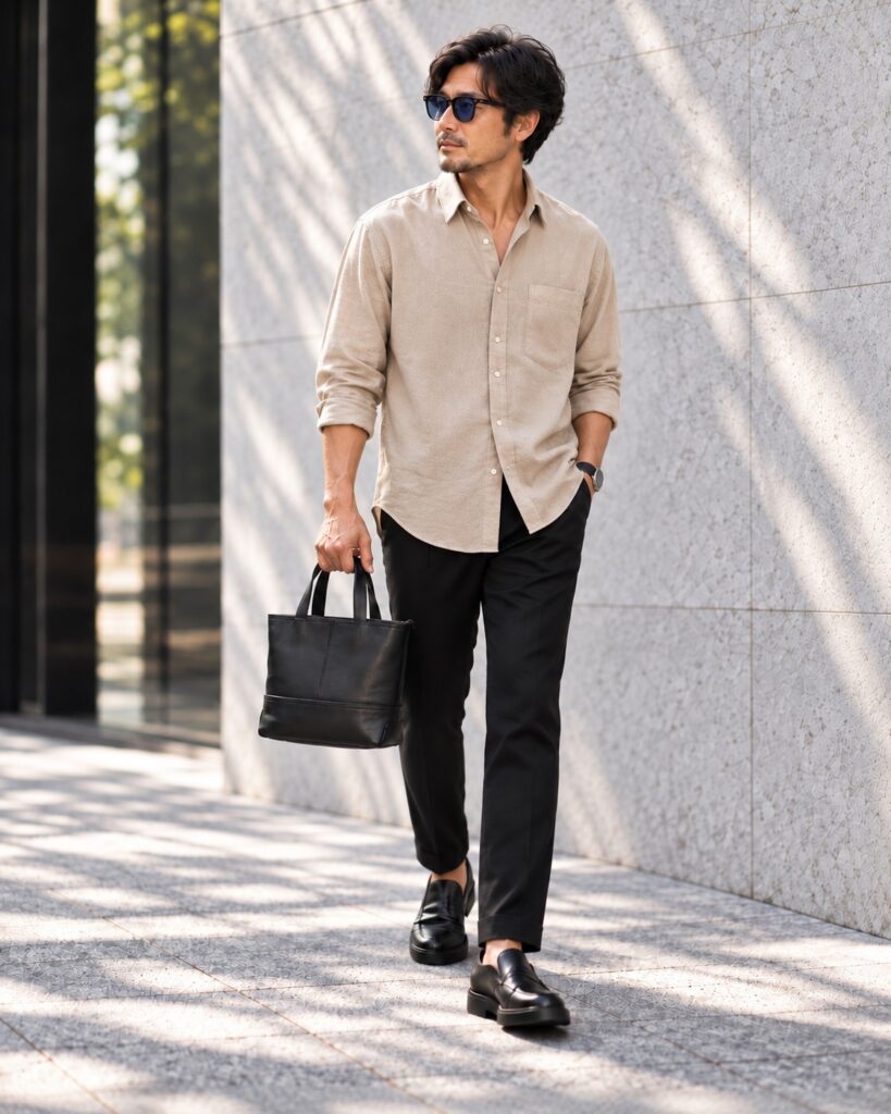 ベージュの長めシャツと黒パンツに黒の本革ミニトートバッグを合わせた40代日本人男性のコーディネートイメージ